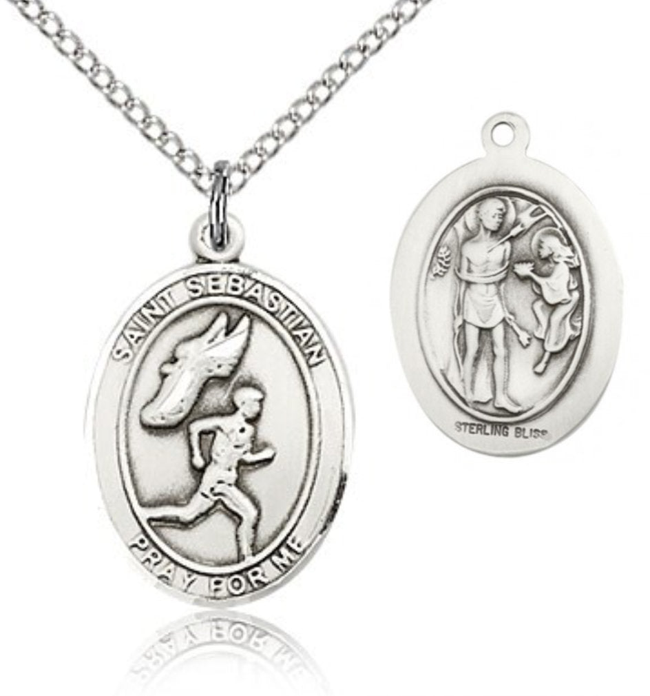 St. Sebastian Track and Field Medal, Sterling Silver, Medium - 18&quot; 1.2mm Sterling Silver Chain + Clasp