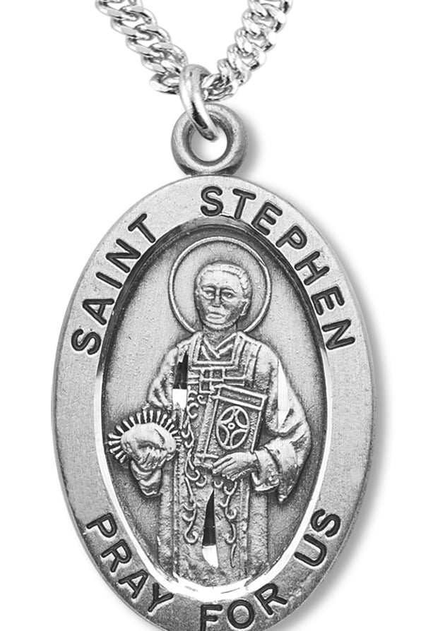 Boy's St. Stephen Necklace Oval Sterling Silver with Chain - 20&quot; 2.2mm Stainless Steel Chain with Clasp