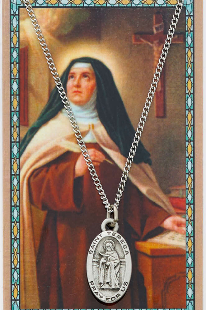 St. Teresa of Avila Medal with Prayer Card - Silver tone