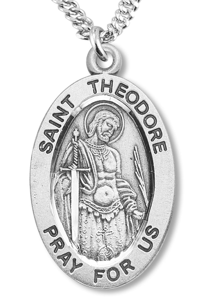 Boy's St. Theodore Necklace Oval Sterling Silver with Chain - 20&quot; 2.2mm Stainless Steel Chain with Clasp