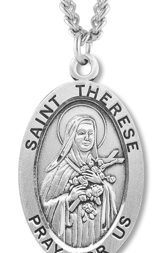 Men's St. Therese Necklace Oval Sterling Silver with Chain Options