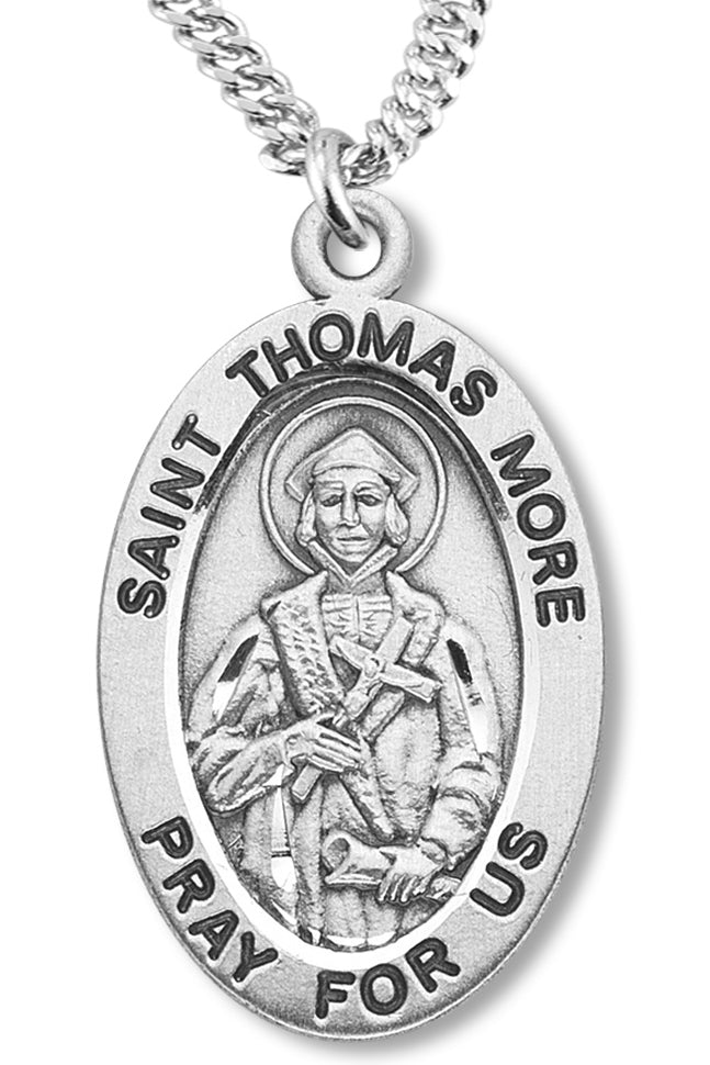Boy's St. Thomas More Necklace Oval Sterling Silver with Chain - 20&quot; 2.2mm Stainless Steel Chain with Clasp