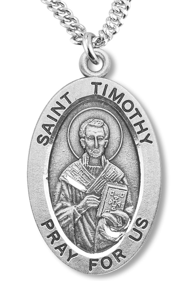 Boy's St. Timothy Necklace Oval Sterling Silver with Chain - 20&quot; 2.2mm Stainless Steel Chain with Clasp