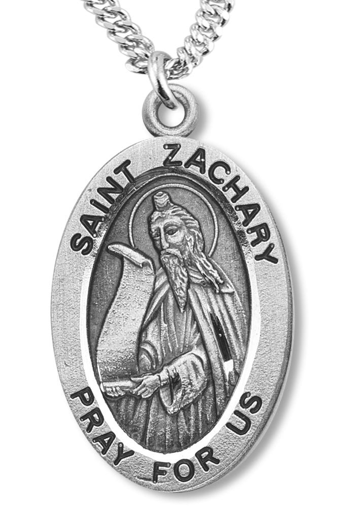 Boy's St. Zachary Necklace Oval Sterling Silver with Chain - 20&quot; 2.2mm Stainless Steel Chain with Clasp