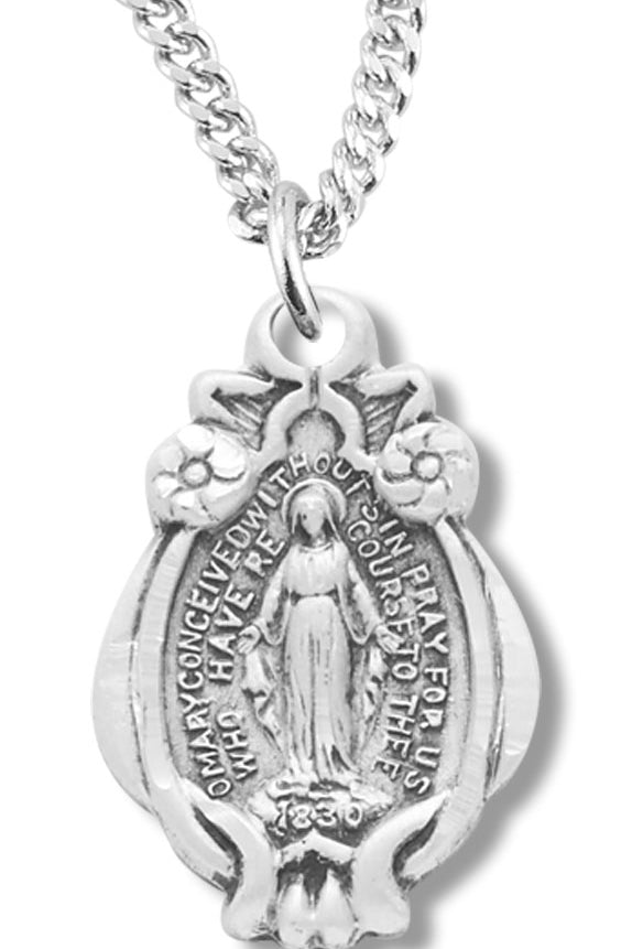 Women's Teardrop Miraculous Necklace, Sterling Silver with Chain Options - 18&quot; 1.8mm Sterling Silver Chain + Clasp