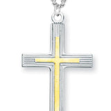 Men's Sterling Silver Two Tone Cross Necklace with Etched Borders with Chain Options - 24&quot; Sterling Silver Chain + Clasp