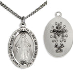Unisex Sterling Silver Oval Miraculous Pendant 20 Inch Rhodium Plated Stainless Steel Curb Chain - 20&quot; 2.2mm Stainless Steel Chain with Clasp