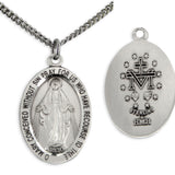 Unisex Sterling Silver Oval Miraculous Pendant 20 Inch Rhodium Plated Stainless Steel Curb Chain - 20&quot; 2.2mm Stainless Steel Chain with Clasp
