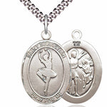 Women's Large Pewter Oval St. Sebastian Dance Medal - 24&quot; 2.4mm Rhodium Plate Chain + Clasp