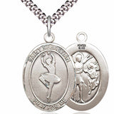 Women's Large Pewter Oval St. Sebastian Dance Medal - 24&quot; 2.4mm Rhodium Plate Chain + Clasp