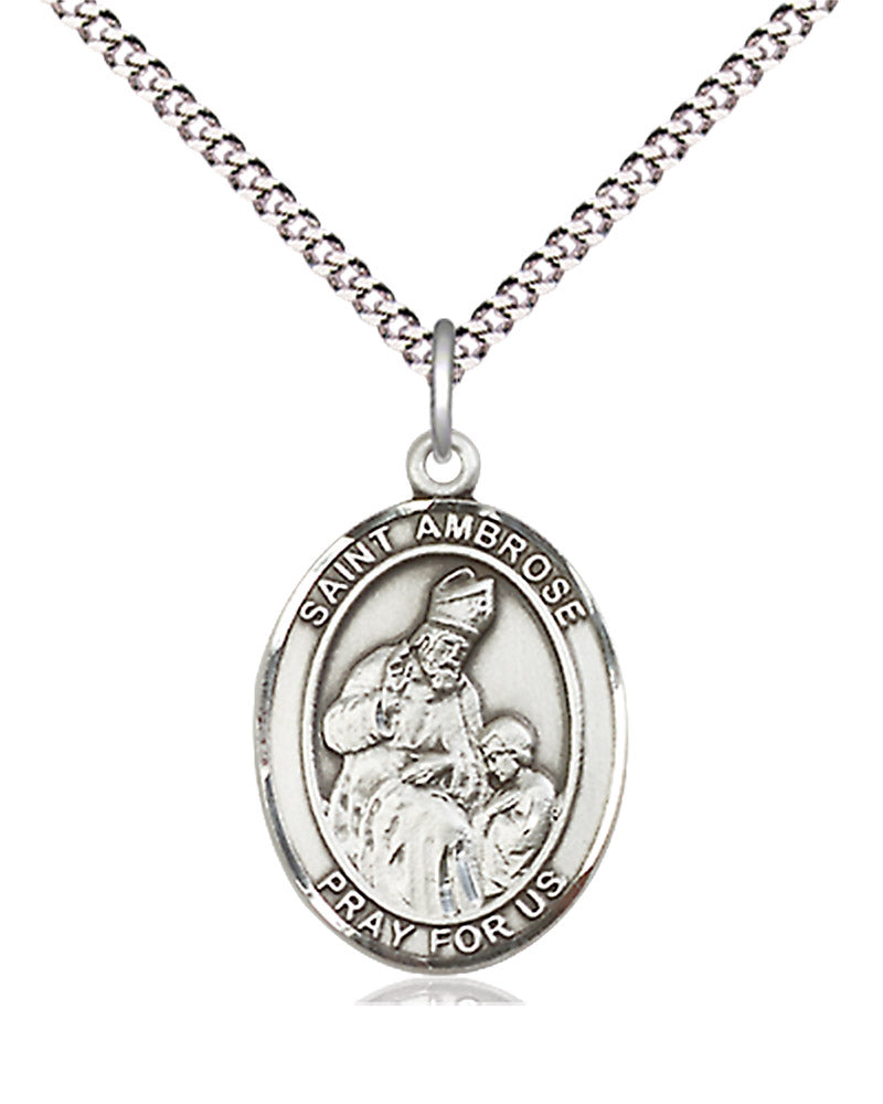 Women's Pewter Oval St. Ambrose Medal - 18&quot; Rhodium Plated Medium Chain + Clasp