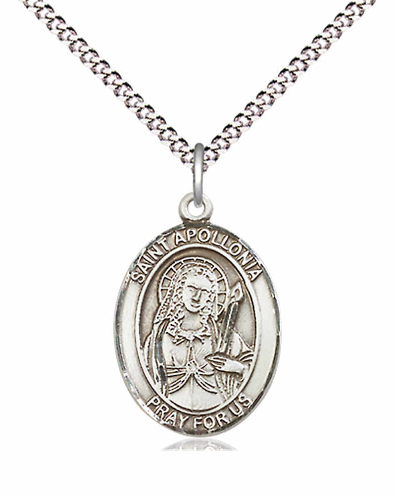 Women's Pewter Oval St. Apollonia Medal - 18&quot; Rhodium Plated Medium Chain + Clasp