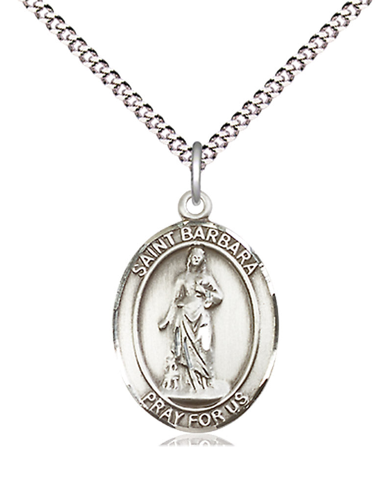 Women's Pewter Oval St. Barbara Medal - 18&quot; Rhodium Plated Medium Chain + Clasp