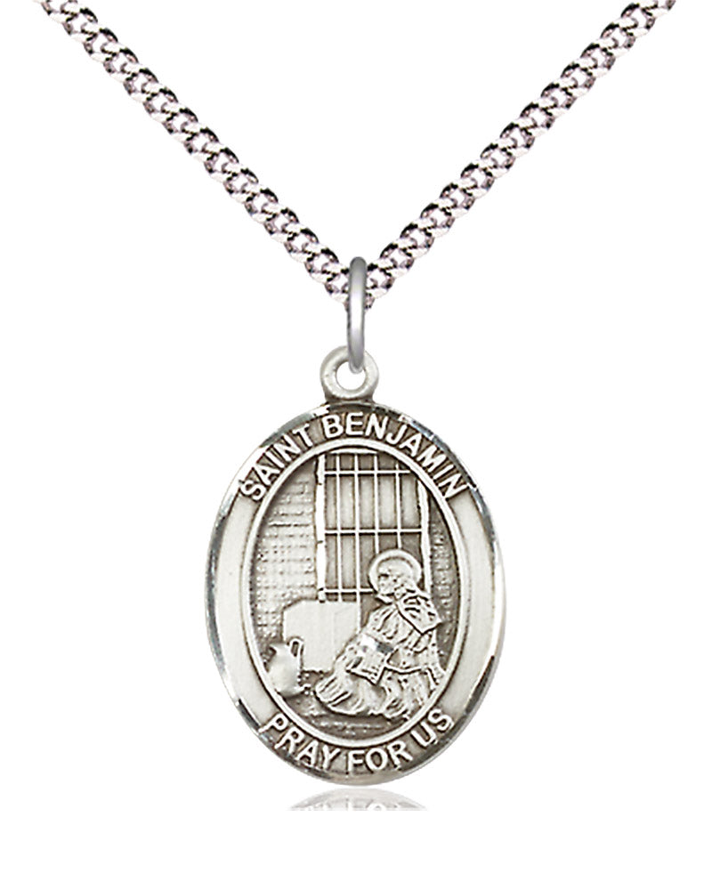 Women's Pewter Oval St. Benjamin Medal - 18&quot; Rhodium Plated Medium Chain + Clasp