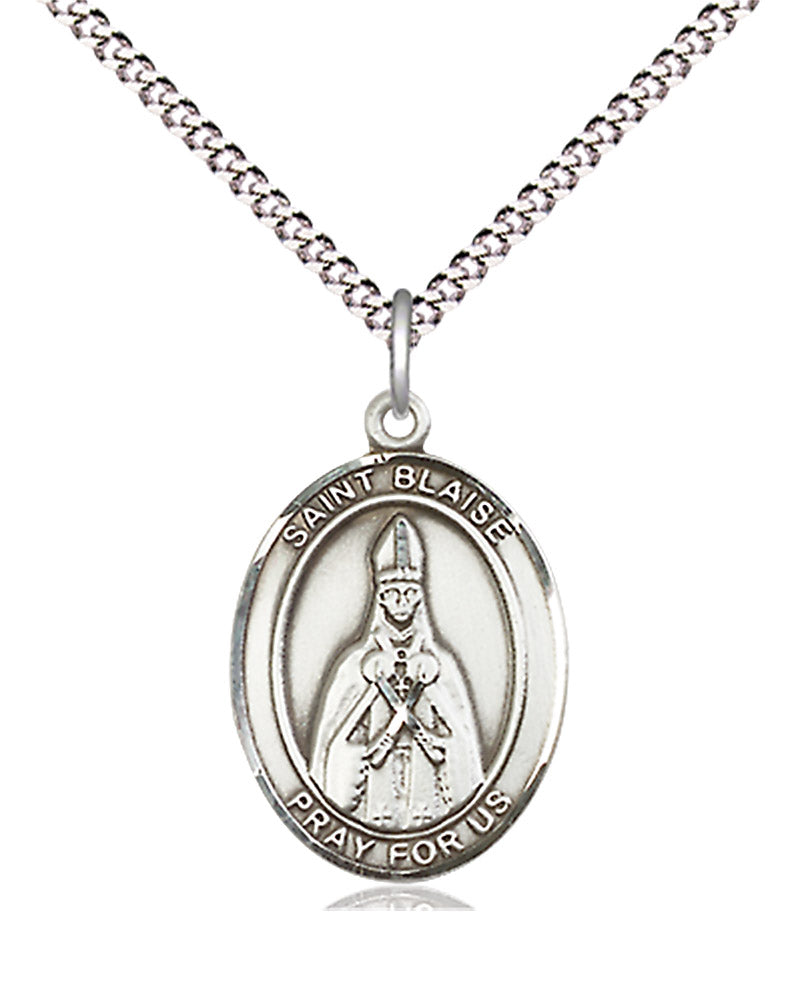 Women's Pewter Oval St. Blaise Medal - 18&quot; Rhodium Plated Medium Chain + Clasp
