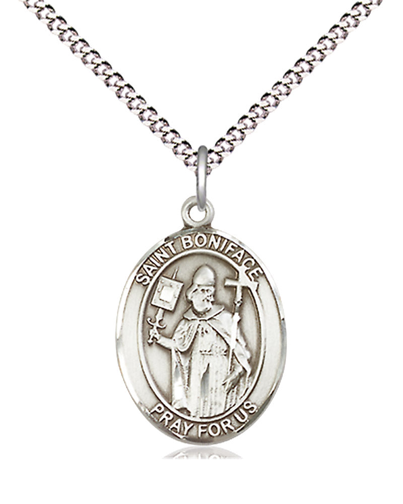 Women's Pewter Oval St. Boniface Medal - 18&quot; Rhodium Plated Medium Chain + Clasp