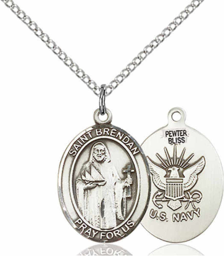Women's Pewter Oval St. Brendan the Navigator Navy Medal - 18&quot; Rhodium Plated Medium Chain + Clasp