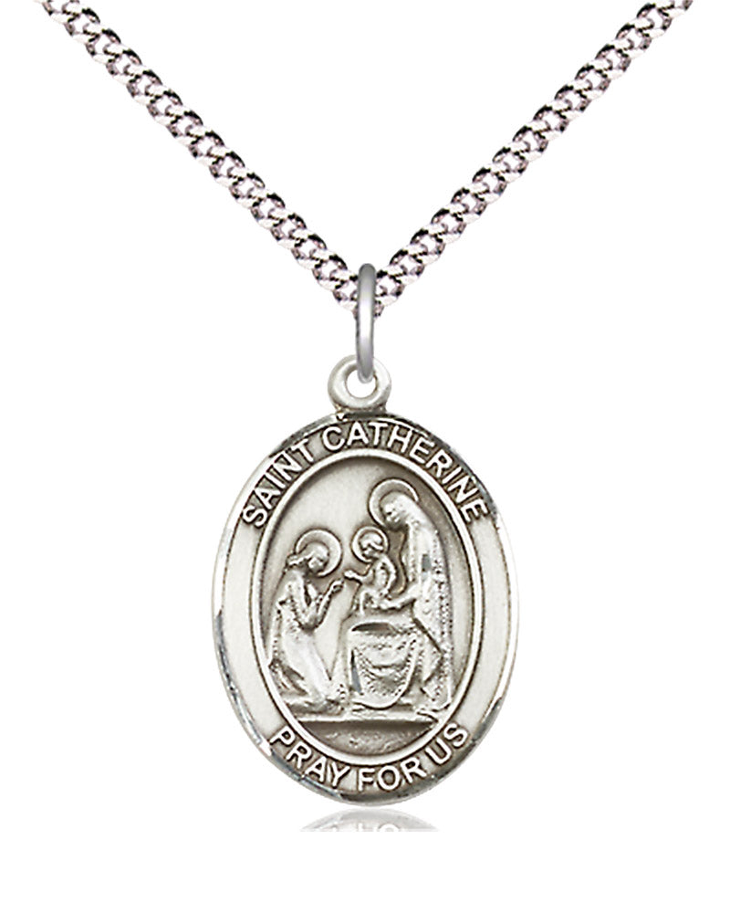 Women's Pewter Oval St. Catherine of Siena Medal - 18&quot; Rhodium Plated Medium Chain + Clasp