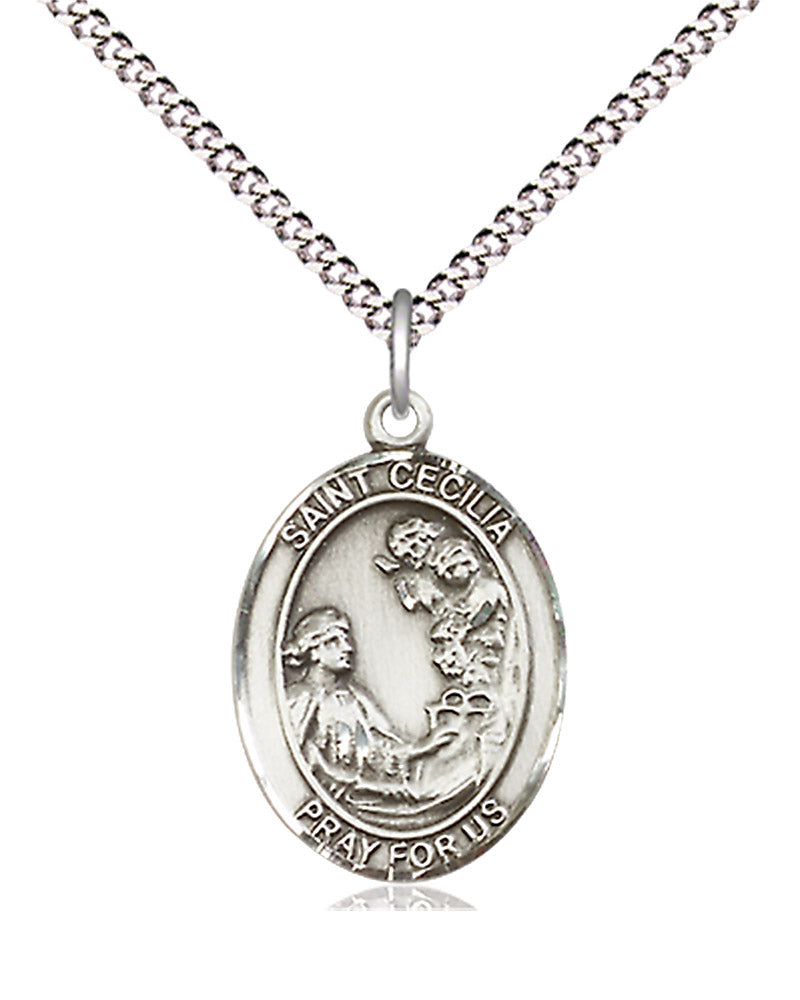 Women's Pewter Oval St. Cecilia Medal - 18&quot; Rhodium Plated Medium Chain + Clasp