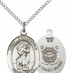 Women's Pewter Oval St. Christopher Coast Guard Medal - 18&quot; Rhodium Plated Medium Chain + Clasp