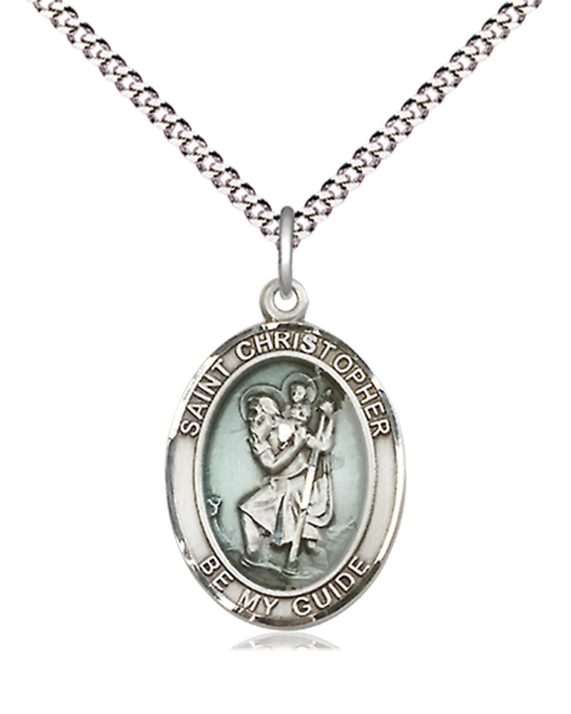 Women's Pewter Oval St. Christopher Medal - 18&quot; Rhodium Plated Medium Chain + Clasp