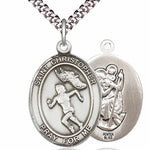 Women's Pewter Oval St. Christopher Track and Field Medal - 24&quot; 2.4mm Rhodium Plate Chain + Clasp