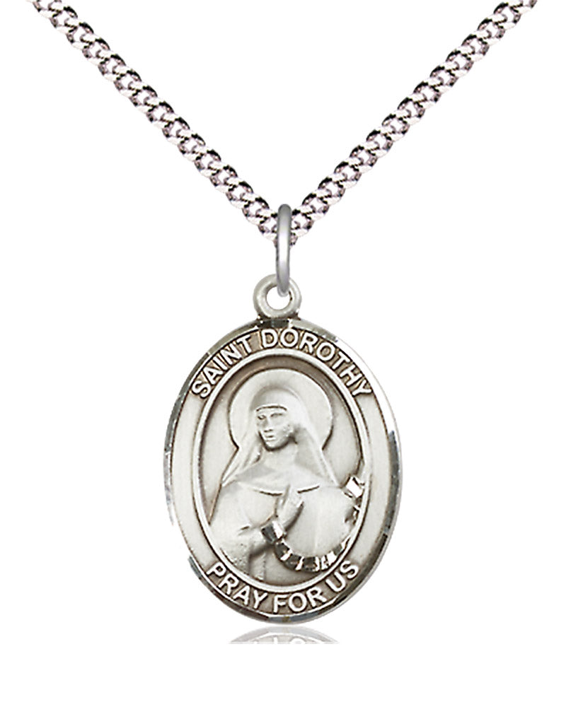 Women's Pewter Oval St. Dorothy Medal - 18&quot; Rhodium Plated Medium Chain + Clasp