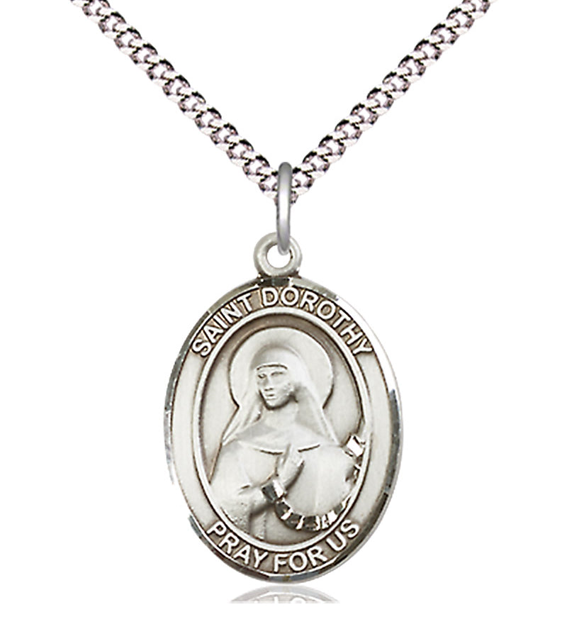 Women's Pewter Oval St. Dorothy Medal - 18&quot; Rhodium Plated Medium Chain + Clasp