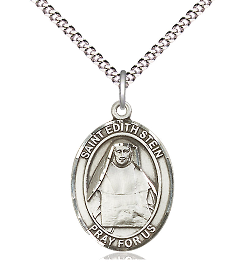 Women's Pewter Oval St. Edith Stein Medal - 18&quot; Rhodium Plated Medium Chain + Clasp