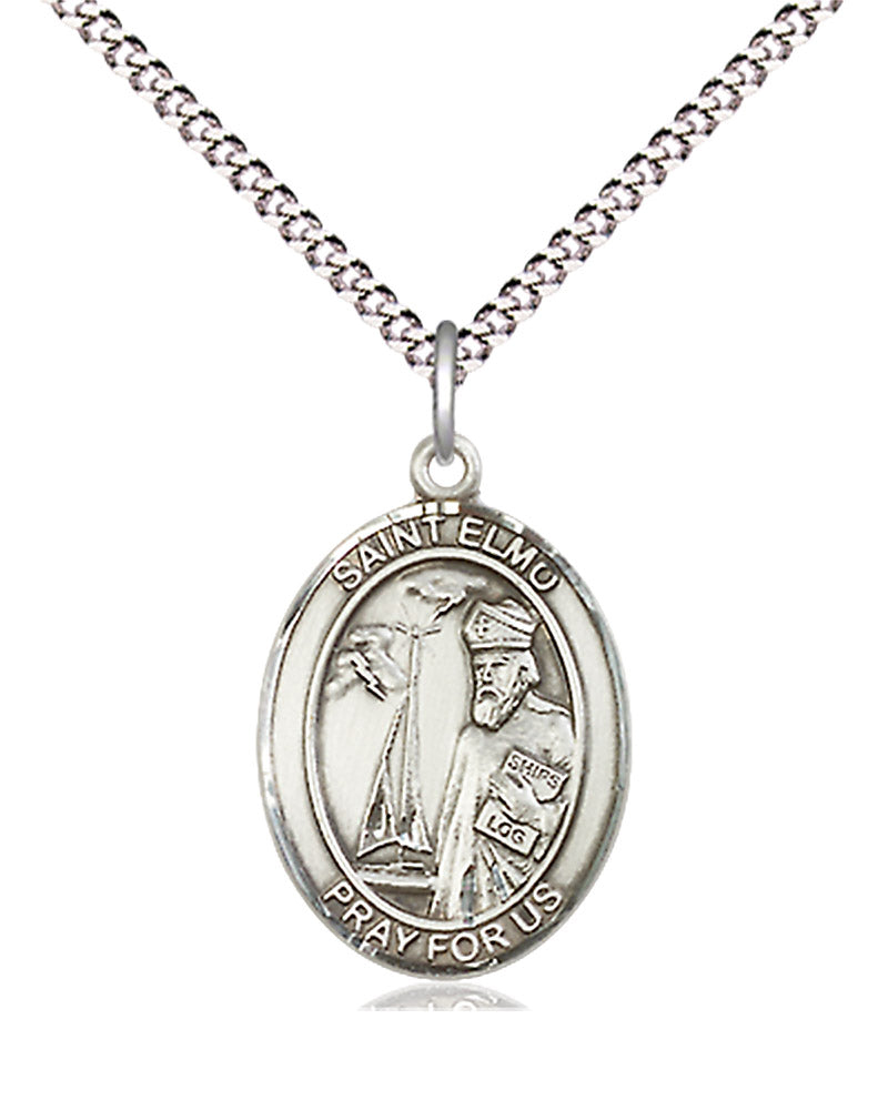 Women's Pewter Oval St. Elmo Medal - 18&quot; Rhodium Plated Medium Chain + Clasp