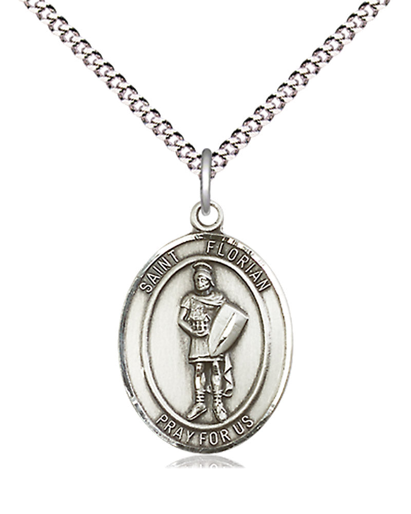 Women's Pewter Oval St. Florian Medal - 18&quot; Rhodium Plated Medium Chain + Clasp