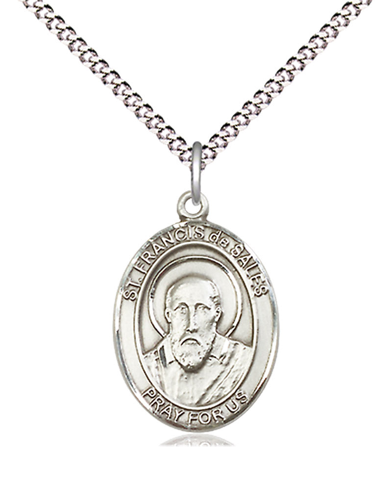Women's Pewter Oval St. Francis De Sales Medal - 18&quot; Rhodium Plated Medium Chain + Clasp