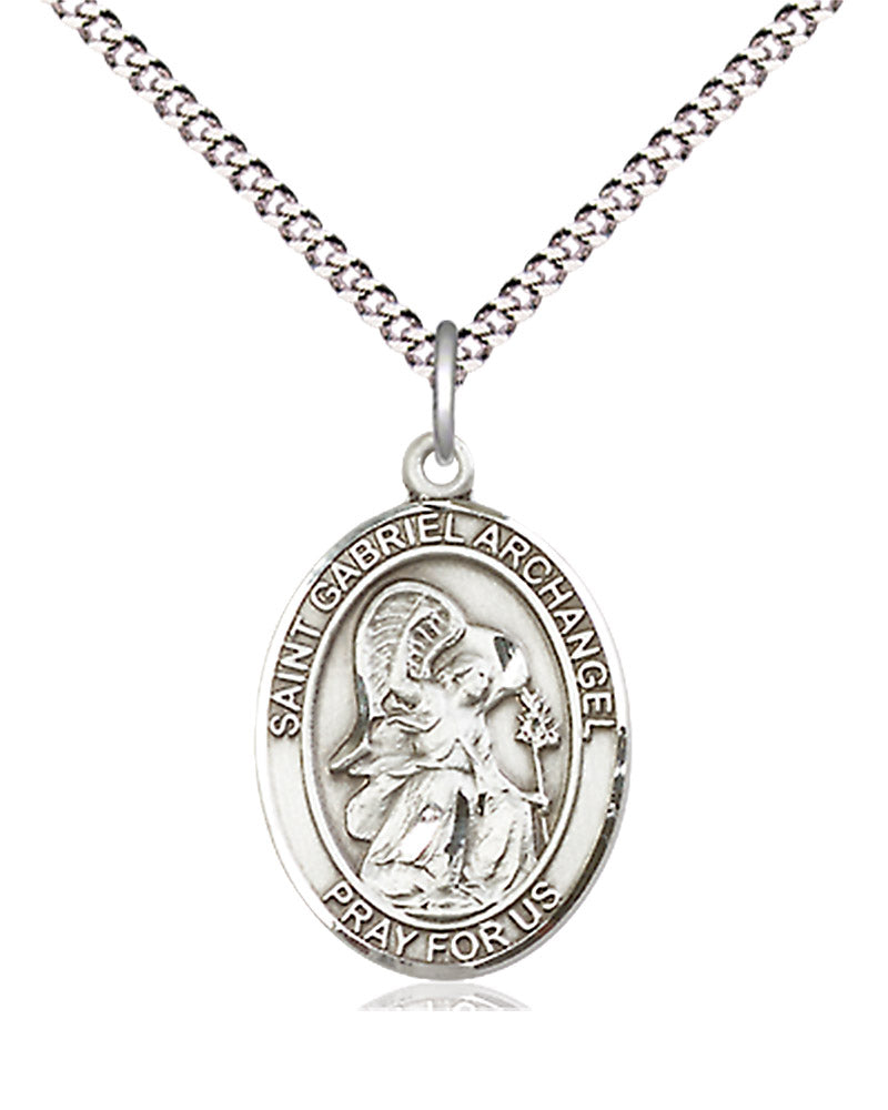 Women's Pewter Oval St. Gabriel the Archangel Medal - 18&quot; Rhodium Plated Medium Chain + Clasp
