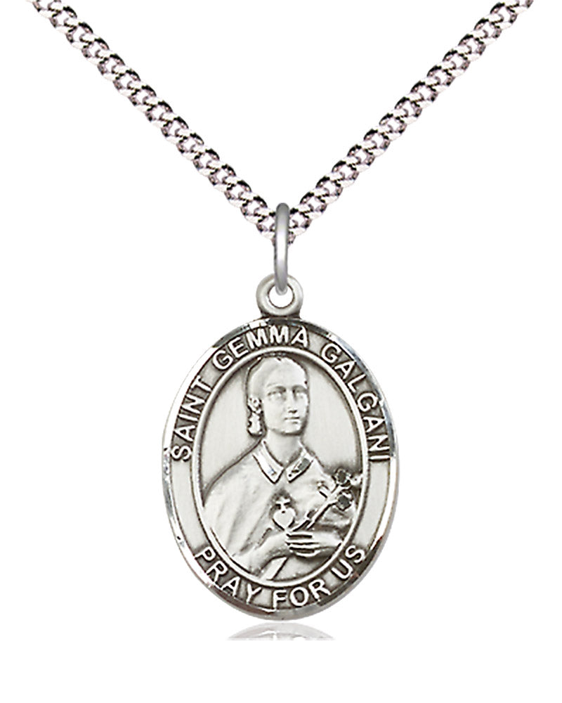 Women's Pewter Oval St. Gemma Galgani Medal - 18&quot; Rhodium Plated Medium Chain + Clasp
