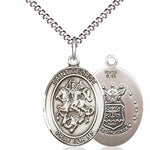 Women's Pewter Oval St. George Air Force Medal - 18&quot; Rhodium Plated Medium Chain + Clasp