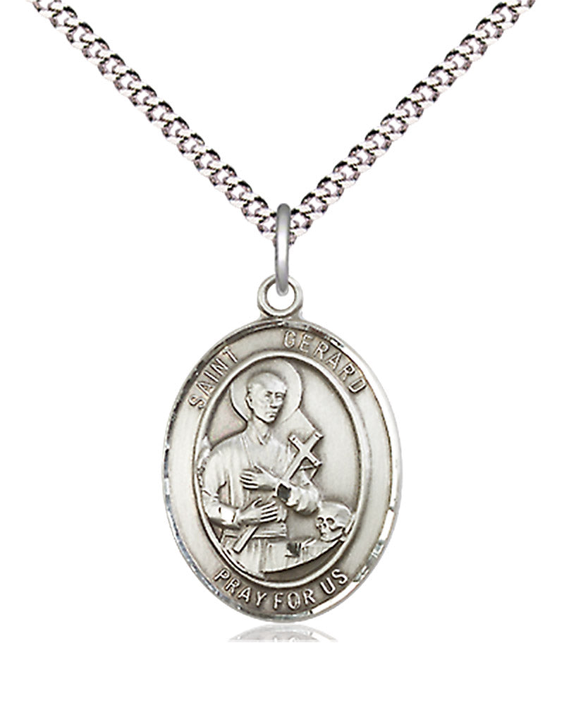 Women's Pewter Oval St. Gerard Majella Medal - 18&quot; Rhodium Plated Medium Chain + Clasp