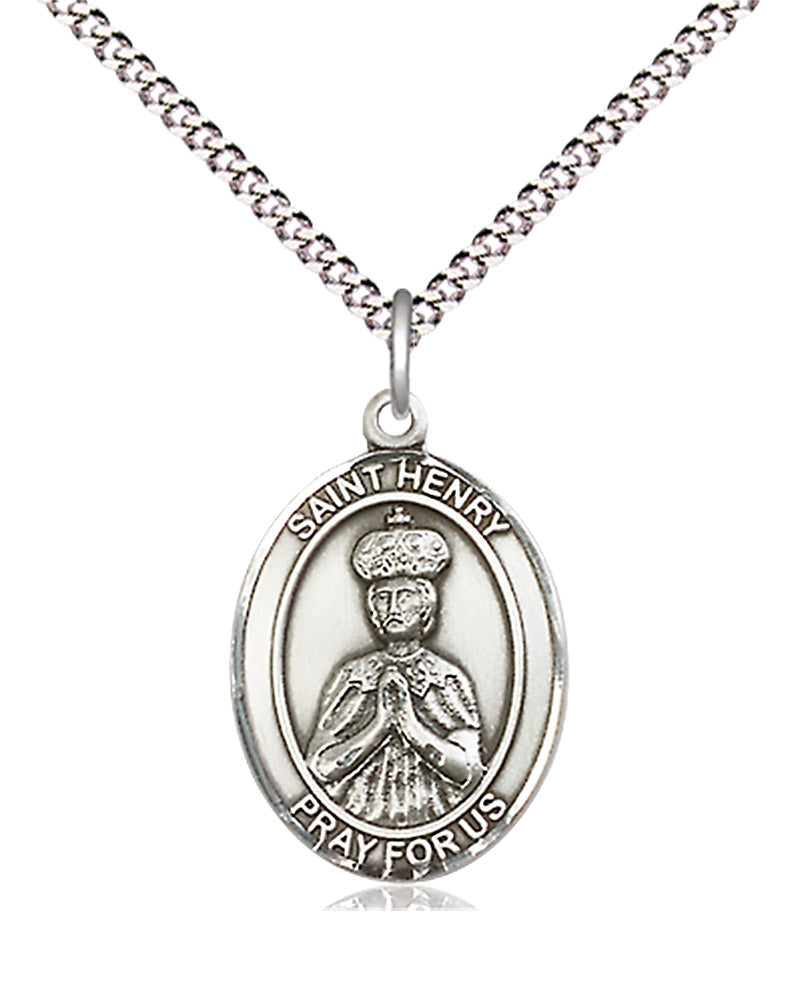 Women's Pewter Oval St. Henry II Medal - 18&quot; Rhodium Plated Medium Chain + Clasp