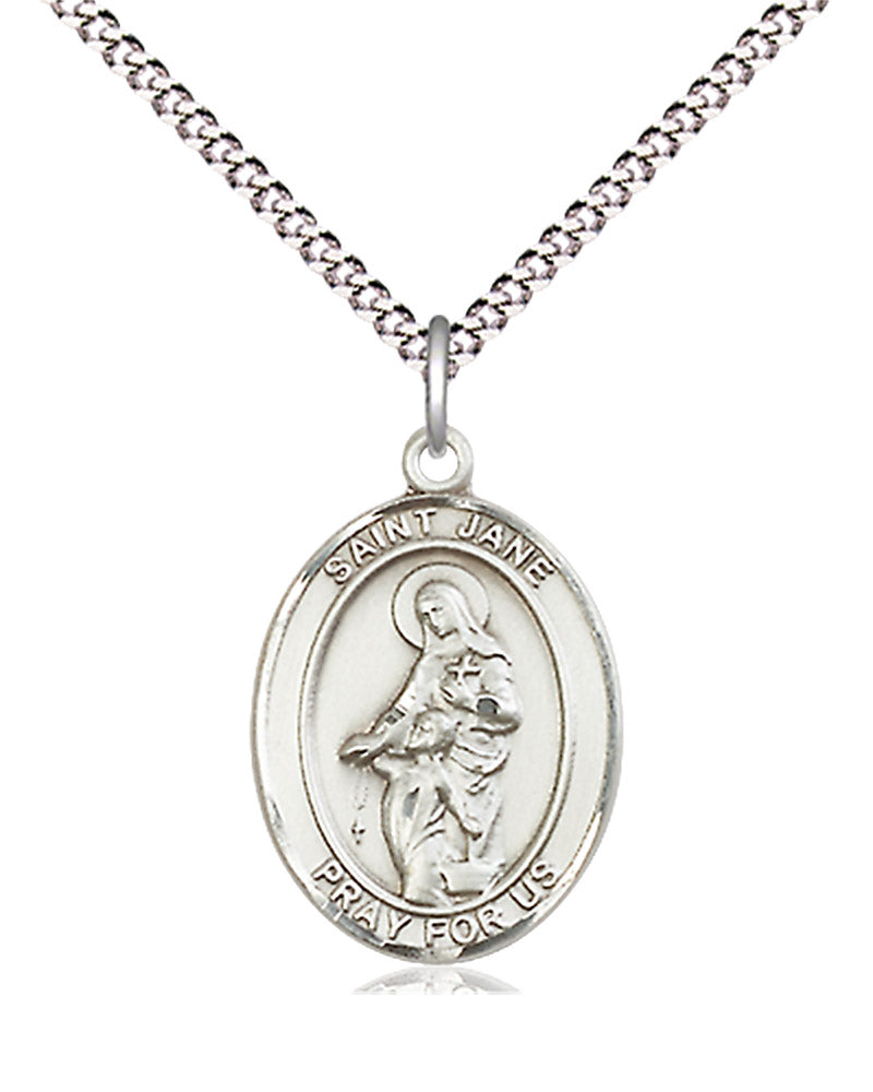 Women's Pewter Oval St. Jane of Valois Medal - 18&quot; Rhodium Plated Medium Chain + Clasp