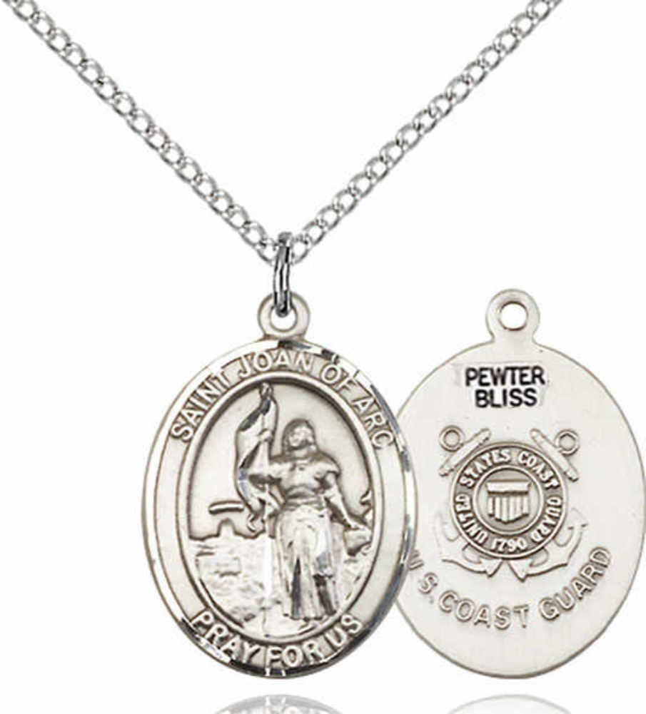 Women's Pewter Oval St. Joan of Arc  Coast Guard Medal - 18&quot; Rhodium Plated Medium Chain + Clasp