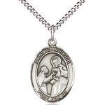 Women's Pewter Oval St. John of God Medal - 18&quot; Rhodium Plated Medium Chain + Clasp