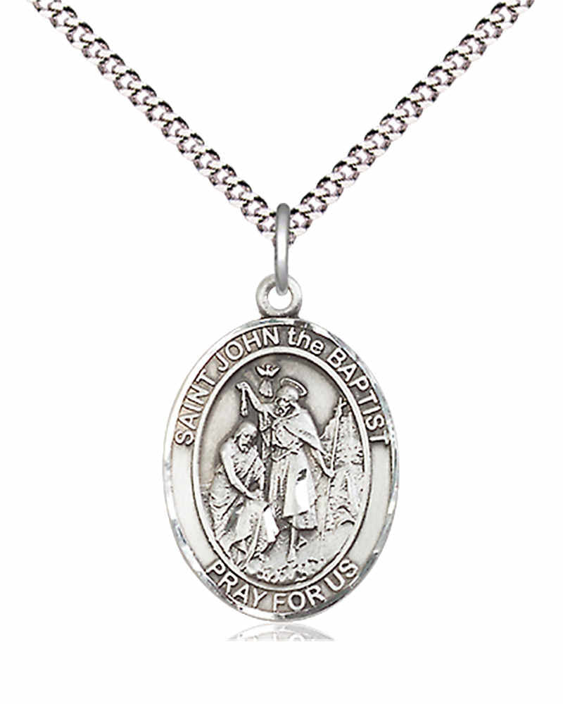 Women's Pewter Oval St. John the Baptist Medal - 18&quot; Rhodium Plated Medium Chain + Clasp