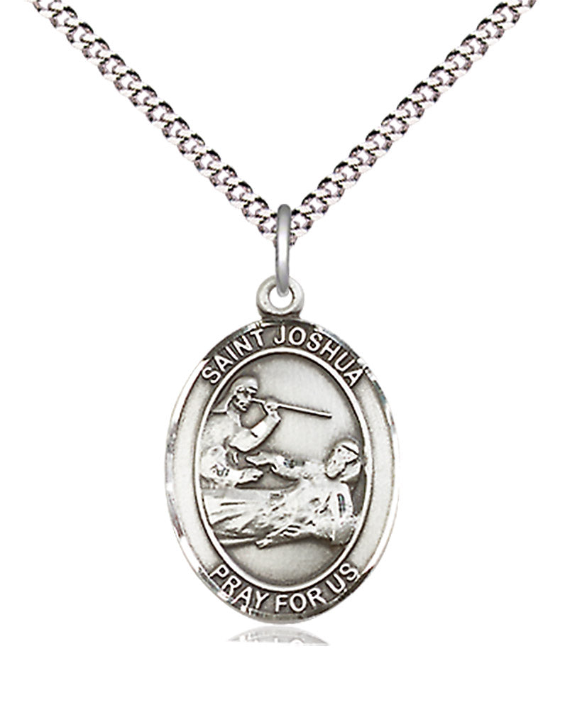 Women's Pewter Oval St. Joshua Medal - 18&quot; Rhodium Plated Medium Chain + Clasp