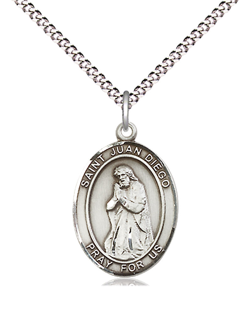 Women's Pewter Oval St. Juan Diego Medal - 18&quot; Rhodium Plated Medium Chain + Clasp