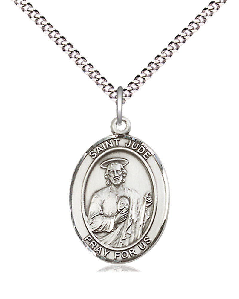 Women's Pewter Oval St. Jude Thaddeus Medal - 18&quot; Rhodium Plated Medium Chain + Clasp