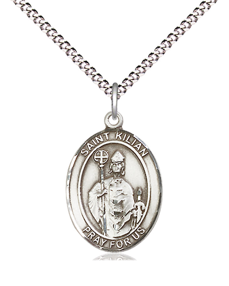 Women's Pewter Oval St. Kilian Medal - 18&quot; Rhodium Plated Medium Chain + Clasp