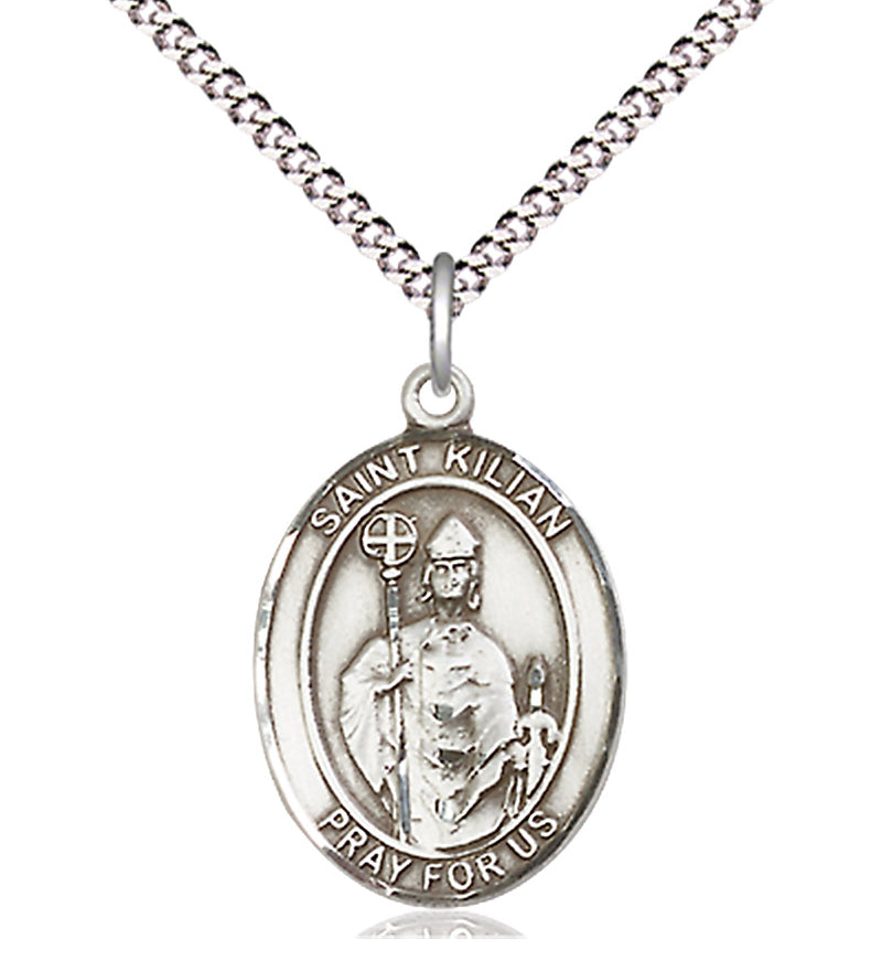 Women's Pewter Oval St. Kilian Medal - 18&quot; Rhodium Plated Medium Chain + Clasp