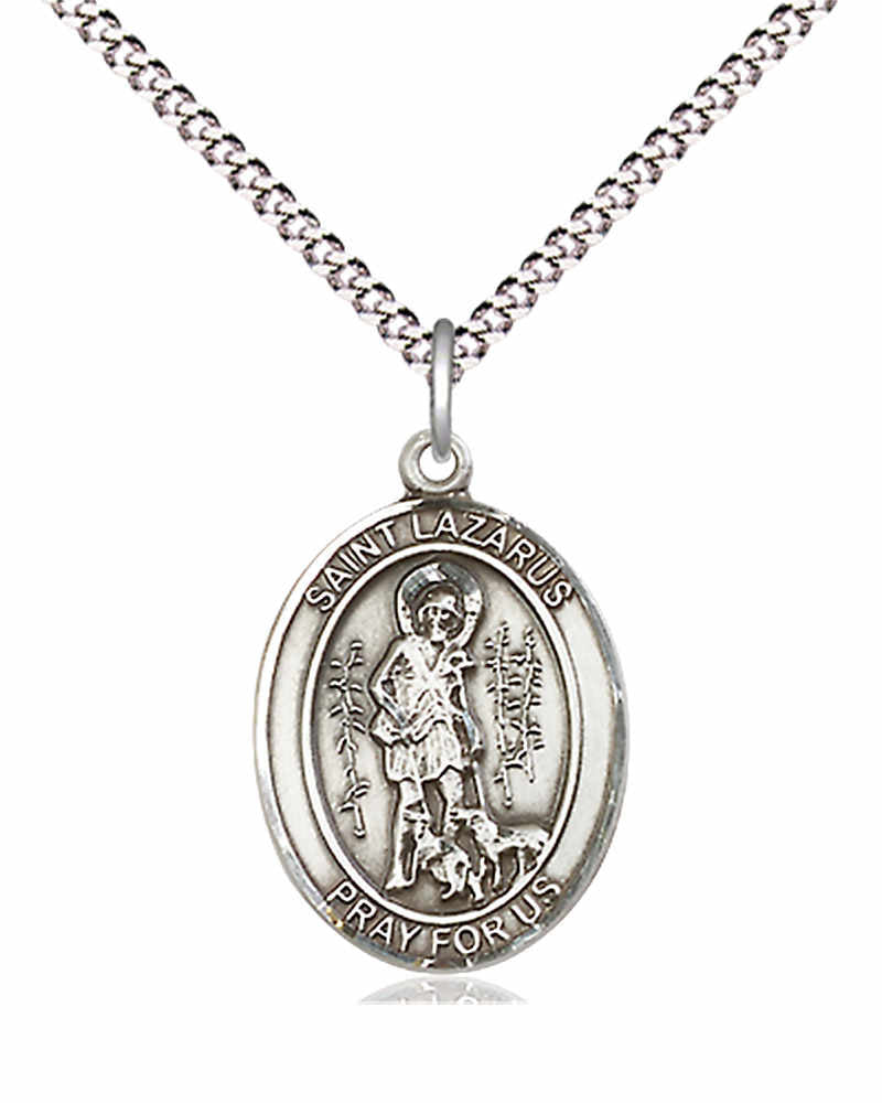 Women's Pewter Oval St. Lazarus Medal - 18&quot; Rhodium Plated Medium Chain + Clasp
