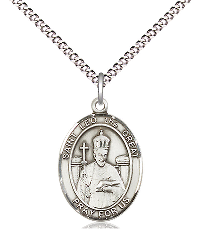 Women's Pewter Oval St. Leo the Great Medal - 18&quot; Rhodium Plated Medium Chain + Clasp