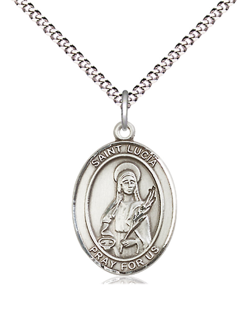 Women's Pewter Oval St. Lucia of Syracuse Medal - 18&quot; Rhodium Plated Medium Chain + Clasp