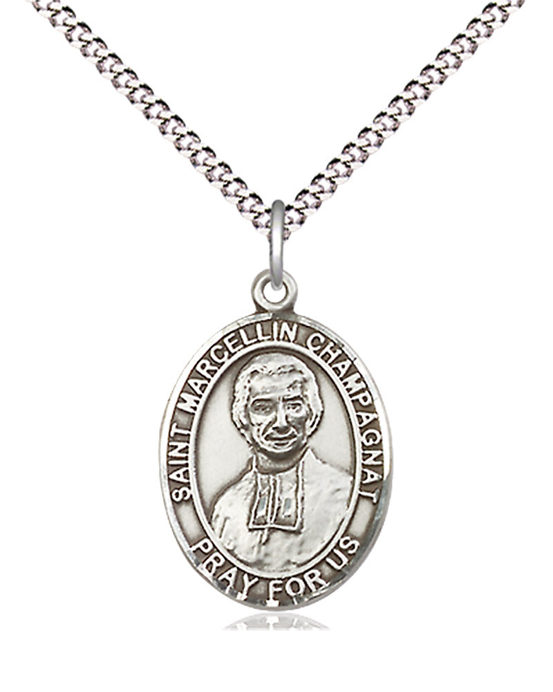 Women's Pewter Oval St. Marcellin Champagnat Medal - 18&quot; Rhodium Plated Medium Chain + Clasp